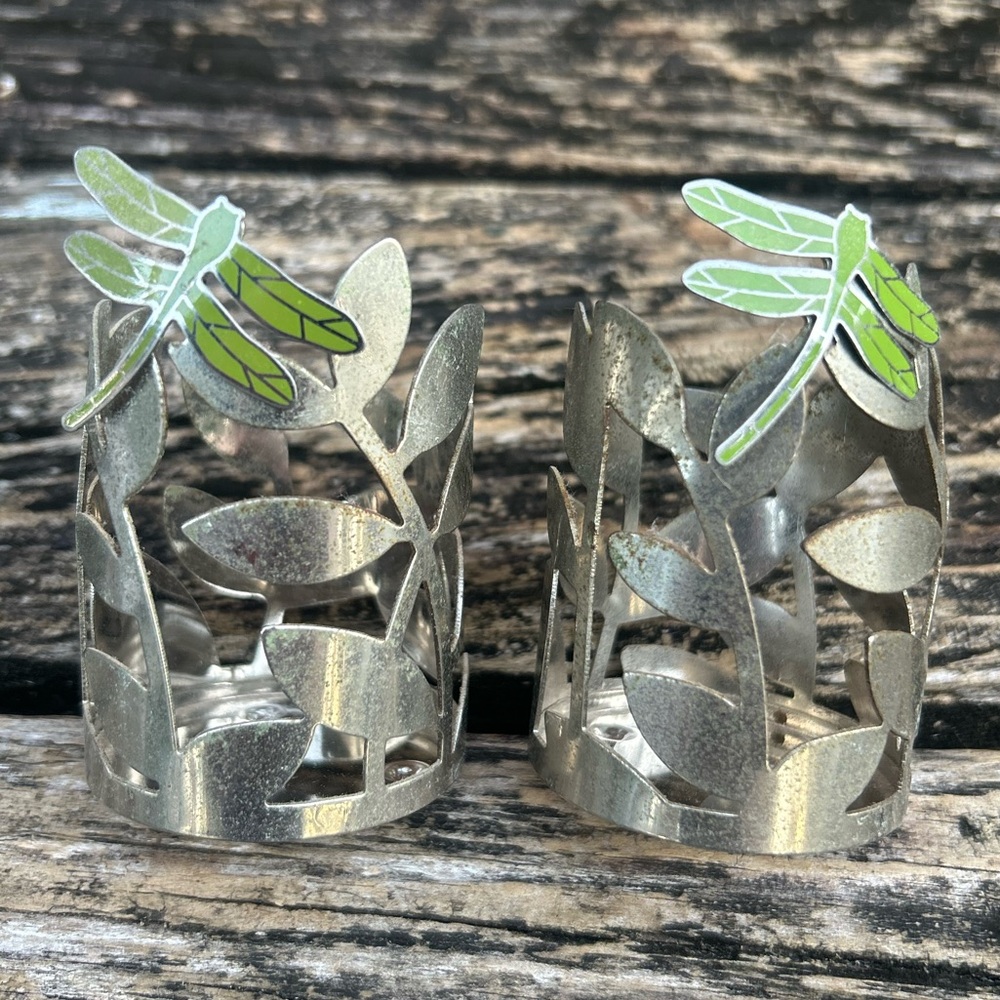 Pair (2) Bath & Body Works DRAGONFLY Silver Green Metal Mini Candle Holders M1